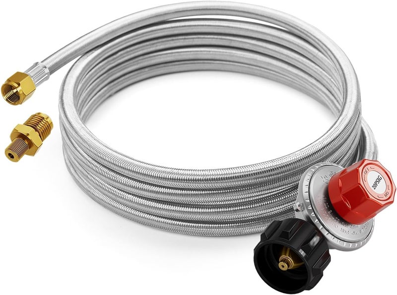 CALPOSE 15FT High Pressure Propane Regulator Hose, 0~20PSI Adjustable Propane Tank Regulator, QCC1 & 3/8” Female, Fit for Turkey Fryer，Fish Fryer，Propane Burner，Fire Pit, Forge, and More, Braided - Image 1